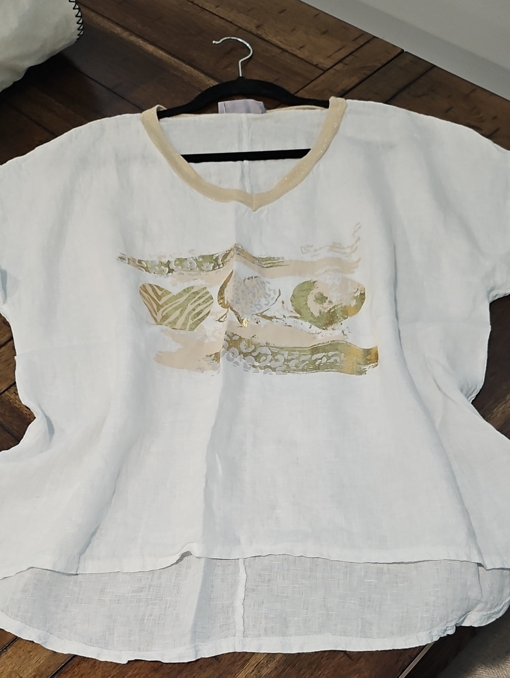 Women's White Linen V-Neck Top with Gold Print